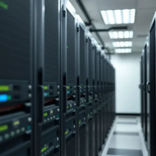 Image showing rows of illuminated server racks within a professional data center environment.