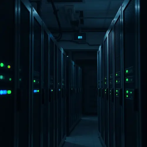Image showing dense rows of modern server racks with indicator lights in a large data center environment.