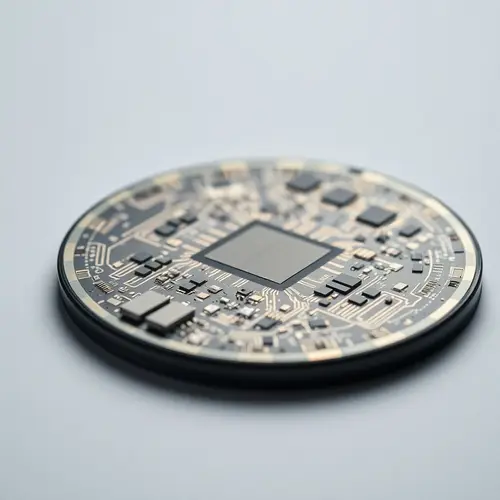 Close-up of a silicon wafer displaying intricate integrated circuits.