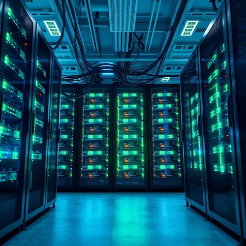 Interior view of a modern data center with server racks and network cables.