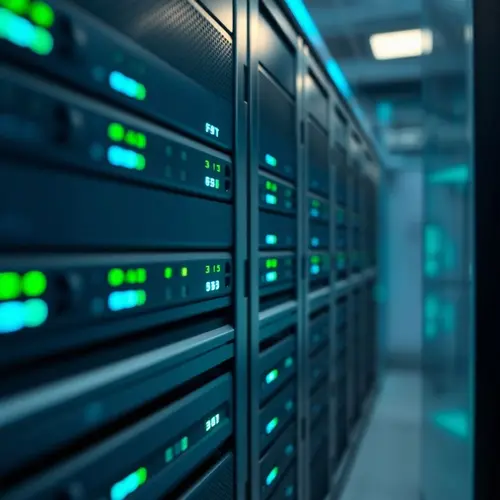 A server rack with blinking lights in a modern enterprise data center, focusing on the hardware infrastructure.