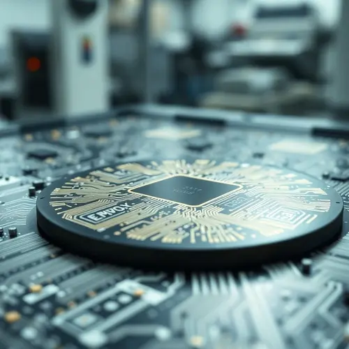 A detailed close-up of a silicon semiconductor wafer with complex circuitry, photographed in a clean room setting.