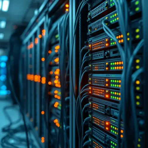A detailed photograph of a server rack within a data center, showcasing the hardware components and their indicator lights.