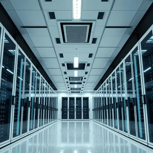 A modern data center interior with rows of server racks and cool blue lighting, symbolizing digital infrastructure.