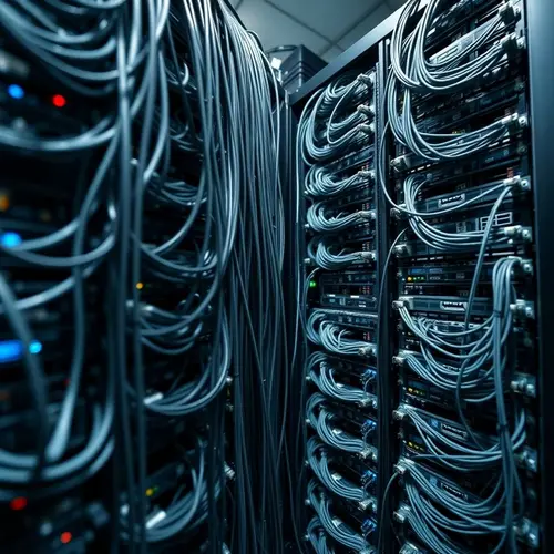 Server racks with blinking lights in a data center, representing modern technological infrastructure.