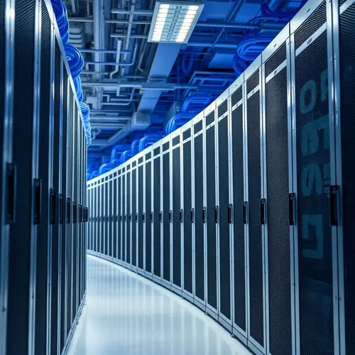 A clean wide shot of server racks inside a modern data center, showcasing enterprise computing hardware and infrastructure.