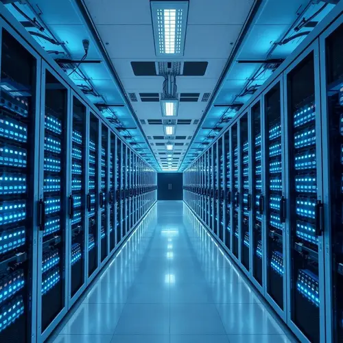 Rows of server racks with blue and white indicator lights in a large, modern data center.