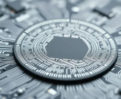 Close-up view of a detailed silicon wafer showing microchip patterns