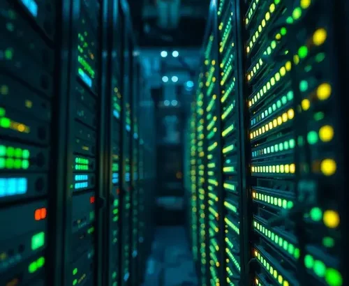 A close-up shot of a server rack within a data center, featuring blinking lights and cables.