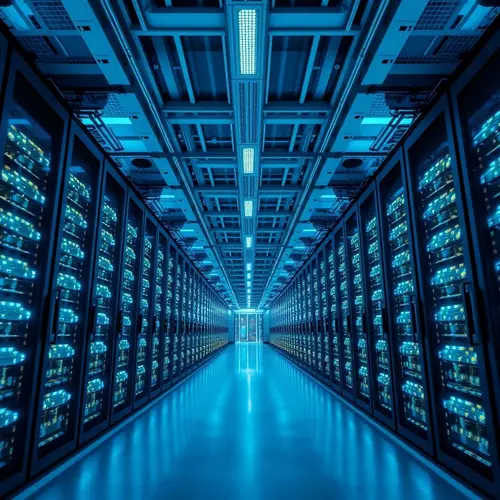 Rows of server racks inside a modern data center bathed in cool blue light.