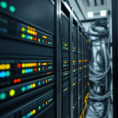 Server racks with blinking indicator lights in a data center