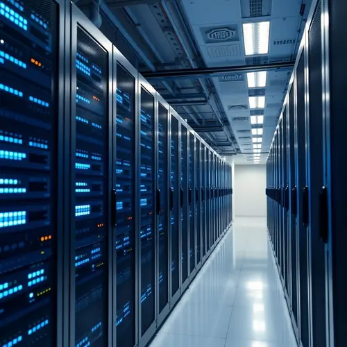 Rows of modern server racks in a data center with blue lights, clean industrial environment.