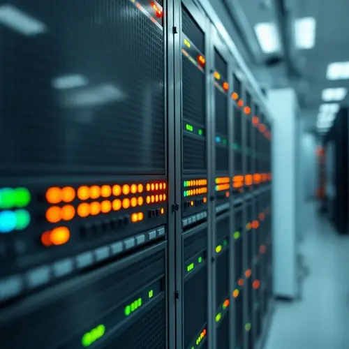 A detailed view of a server rack with illuminated status lights within a contemporary data center.