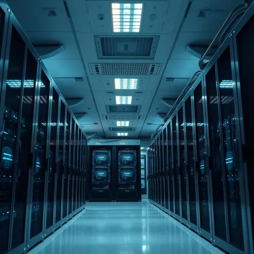 Rows of server racks in a modern data center with cool lighting.