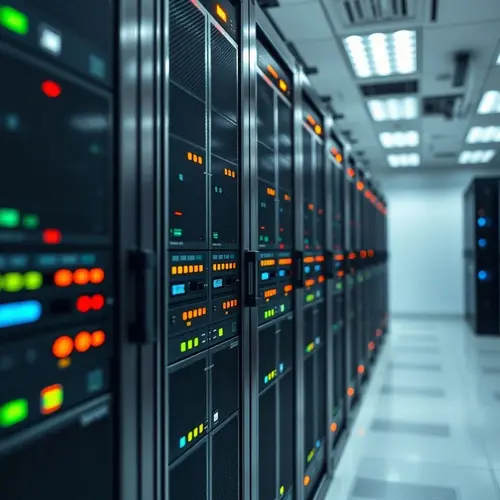 Image shows rows of brightly lit server racks inside a contemporary data center.