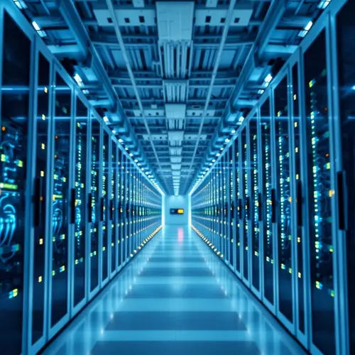 View of a modern, well-lit data center with server racks.
