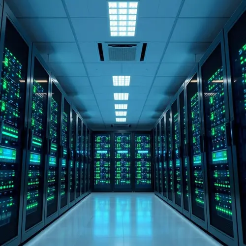 Rows of servers with indicator lights in a modern data center, representing technological infrastructure.
