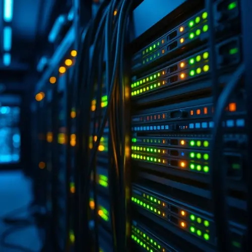 A detailed view of a modern server rack with glowing indicator lights in a data center environment.