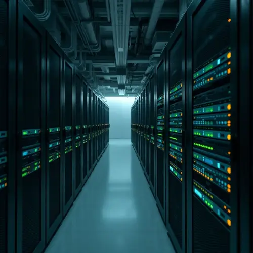 Rows of server racks with illuminated lights in a modern data center.