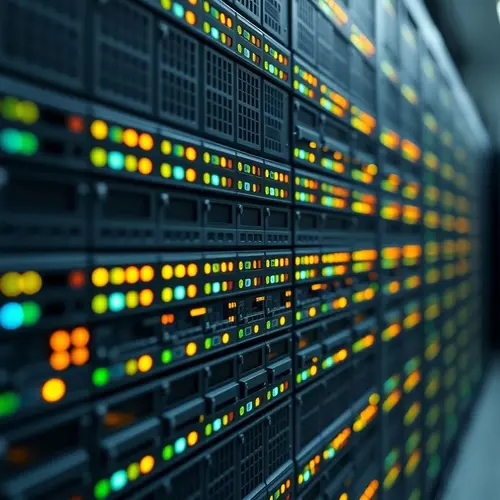 Detailed view of blinking lights on servers within a data center rack, showcasing computing infrastructure.