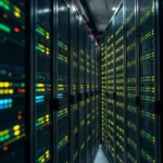 Rows of modern server racks with indicator lights in a data center