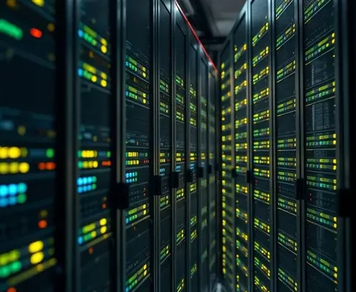 Rows of modern server racks with indicator lights in a data center