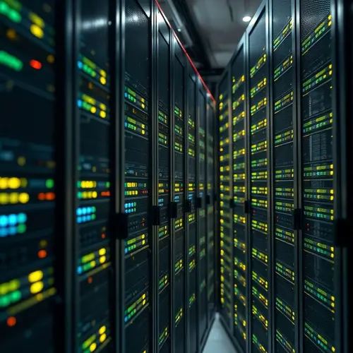 Rows of modern server racks with indicator lights in a data center
