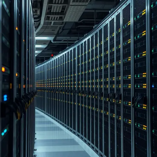 A detailed view of server racks and networking equipment in a modern data center.