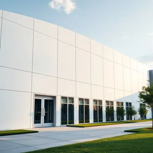 Exterior view of a modern data center building with clean lines under natural daylight.