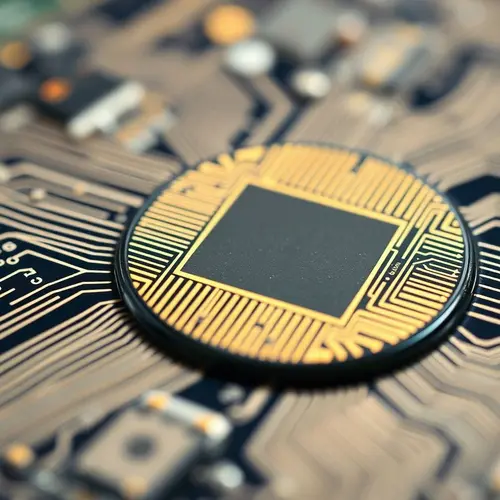 Macro image of a silicon semiconductor wafer with detailed circuit patterns.