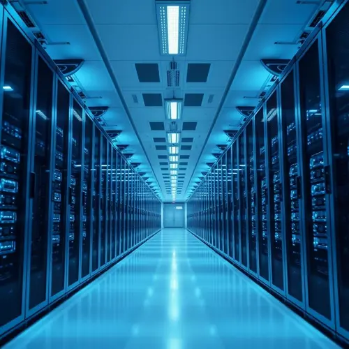 Rows of server racks and equipment in a large, modern data center.