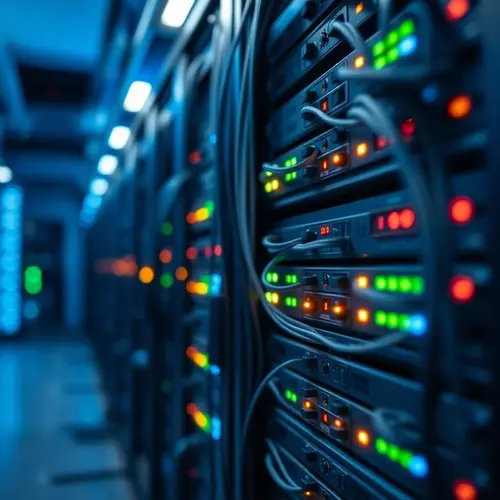 A detailed view of a server rack with blinking lights and intricate wiring in a data center.