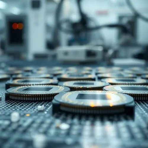 A close-up shot of several silicon semiconductor wafers in a clean room, symbolizing advanced technology and manufacturing.