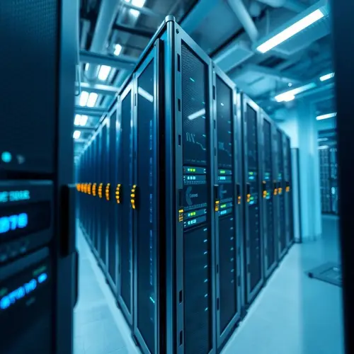 A detailed view of a server rack with illuminated components inside a clean, modern data center.