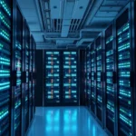 Rows of servers with blinking lights in a modern data center.