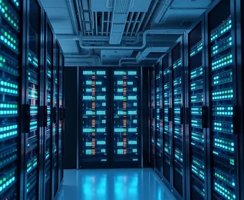 Rows of servers with blinking lights in a modern data center.