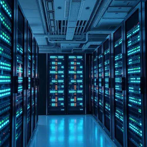 Rows of servers with blinking lights in a modern data center.