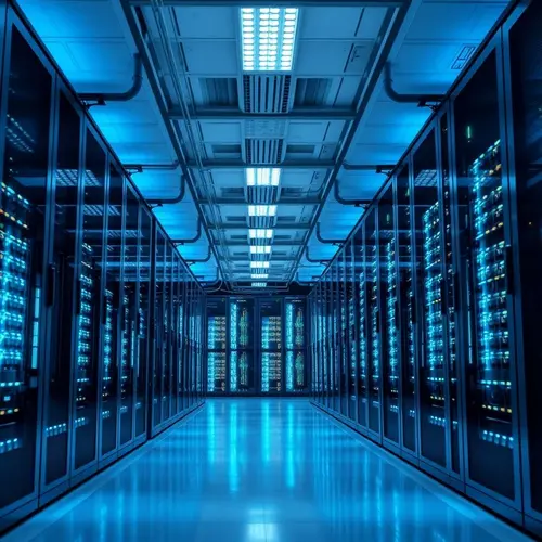 A view of a modern data center aisle with multiple server racks and cool blue lighting.