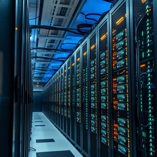 Rows of modern server racks with blinking lights inside a clean data center.