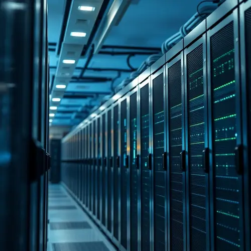 Rows of server racks in a modern data center, representing digital infrastructure.