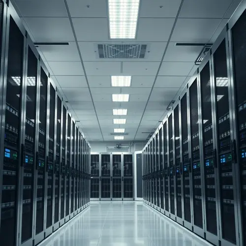 Rows of server racks in a modern data center, showing computer infrastructure.