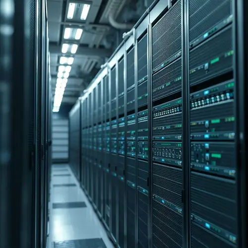 A clean, well-lit image of a server rack inside a modern data center, showing rows of servers.