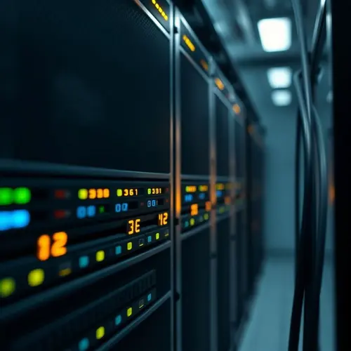 A detailed view of a server rack with illuminated status lights in a data center.