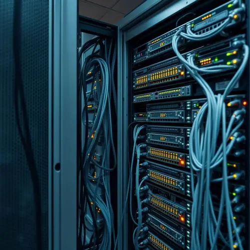 A close-up view of a server rack filled with hardware in a data center, showing blinking lights and cables.
