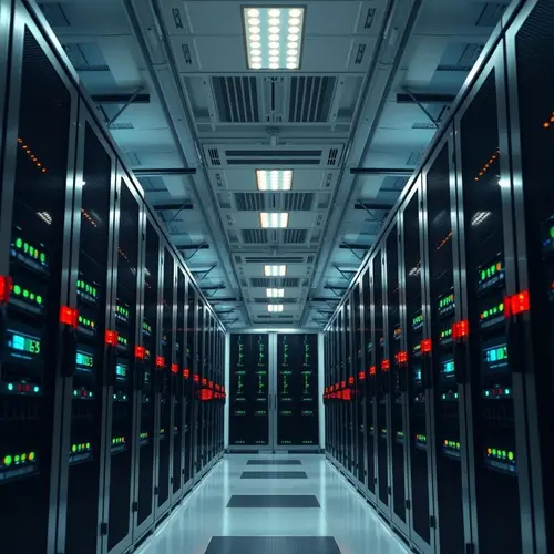 A modern data center interior featuring server racks and blinking lights.