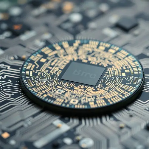 A detailed close-up of a silicon wafer displaying complex integrated circuits.