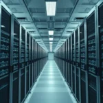 Rows of server racks in a modern data center, symbolizing digital infrastructure and data processing.