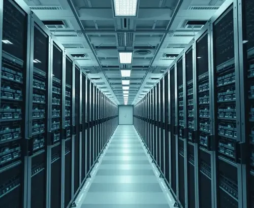 Rows of server racks in a modern data center, symbolizing digital infrastructure and data processing.