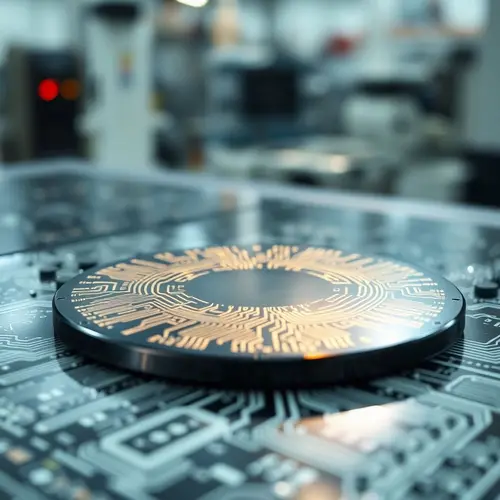 Close-up of a silicon wafer with detailed integrated circuits and reflections