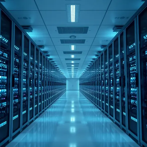 Rows of servers in a modern, brightly lit data center aisle, symbolizing AI infrastructure and technological advancement.